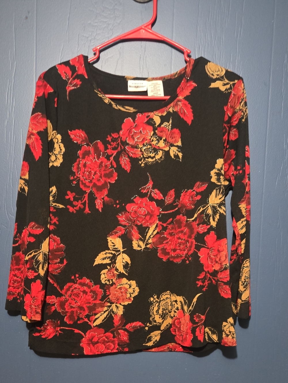 White Stag Black Long-Sleeve Top with Red & Gold Floral Print